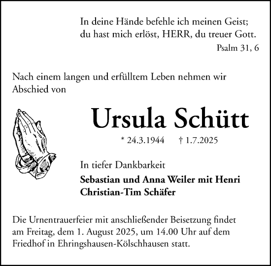 Traueranzeige von Ursula Schütt von Wetzlarer Neue Zeitung
