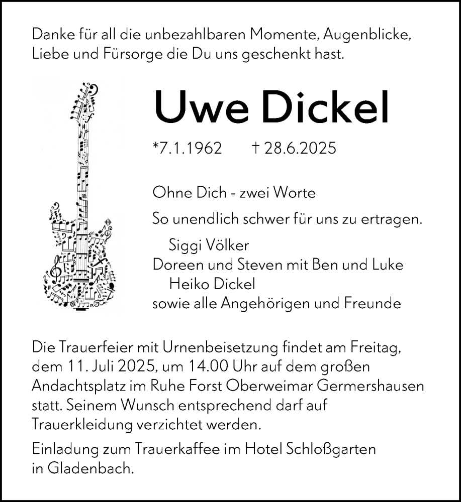  Traueranzeige für Uwe Dickel vom 07.07.2025 aus Hinterländer Anzeiger