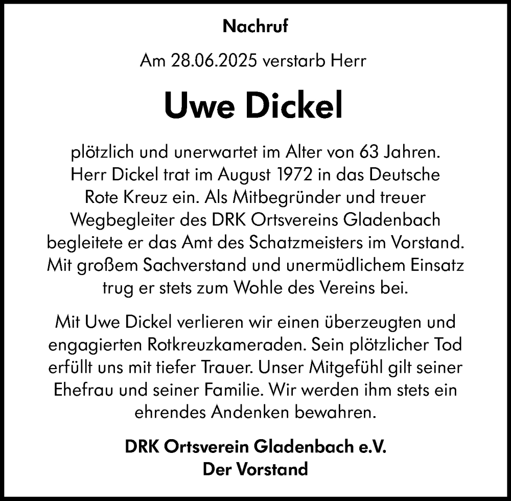  Traueranzeige für Uwe Dickel vom 12.07.2025 aus Hinterländer Anzeiger