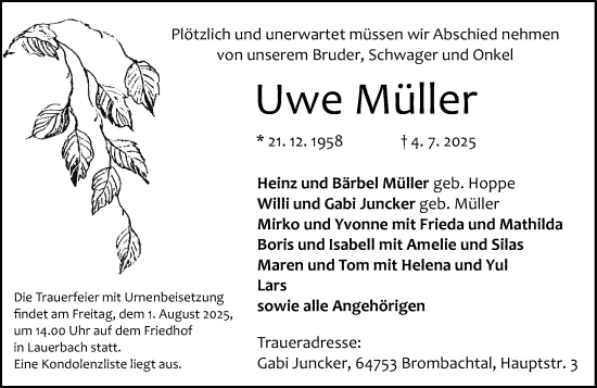 Traueranzeige von Uwe Müller von Odenwälder Echo