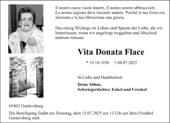 Traueranzeige von Vita Donata Flace von Allgemeine Zeitung Mainz