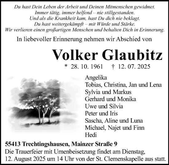 Traueranzeige von Volker Glaubitz von Allgemeine Zeitung Rheinhessen-Nahe