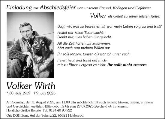 Traueranzeige von Volker Wirth von Wiesbadener Kurier