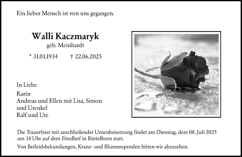  Traueranzeige für Walli Kaczmaryk vom 05.07.2025 aus Groß-Gerauer Echo