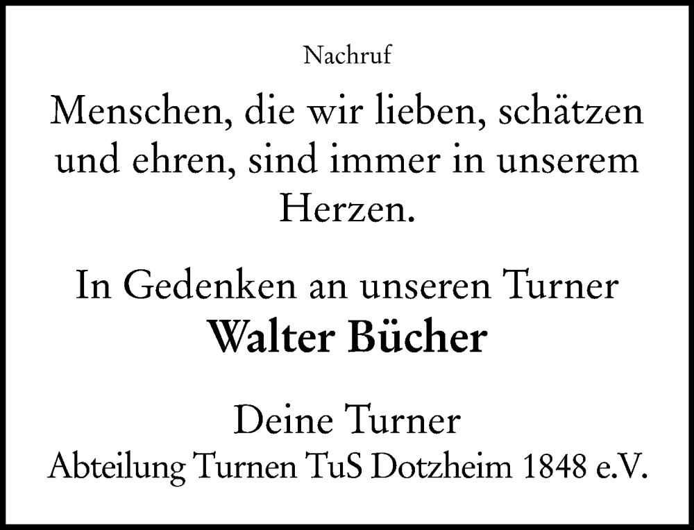  Traueranzeige für Walter Bücher vom 30.07.2025 aus Wiesbadener Kurier
