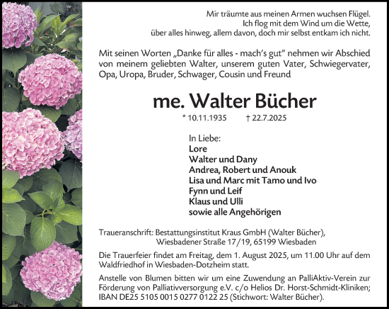 Traueranzeige von Walter Bücher von Wiesbadener Kurier