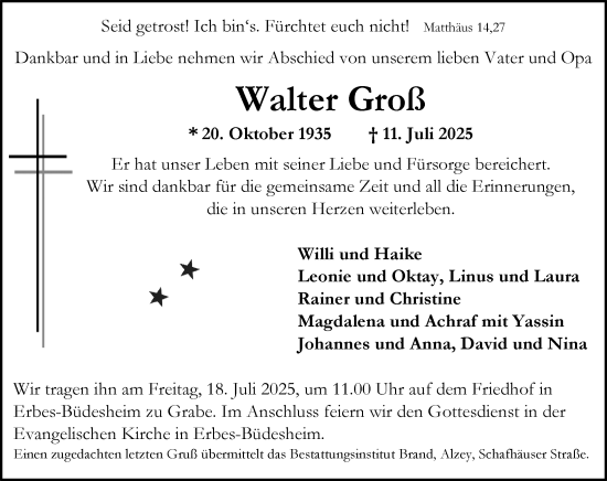 Traueranzeige von Walter Groß von Allgemeine Zeitung Alzey