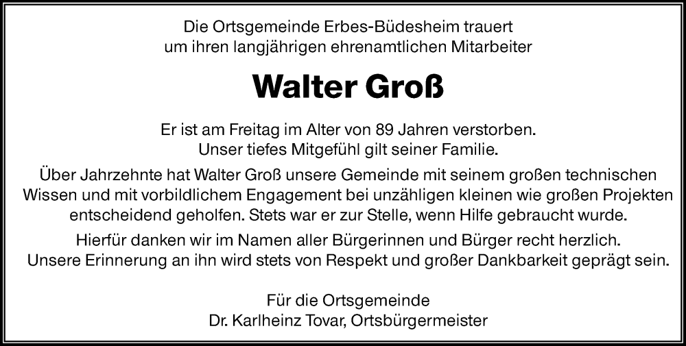  Traueranzeige für Walter Groß vom 16.07.2025 aus Allgemeine Zeitung Alzey