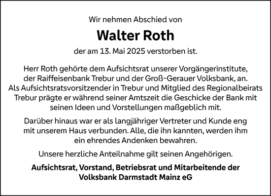 Traueranzeige von Walter Roth von Darmstädter Echo