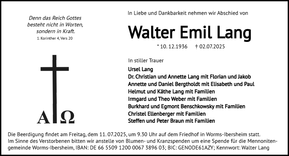  Traueranzeige für Walter Emil Lang vom 08.07.2025 aus Wormser Zeitung