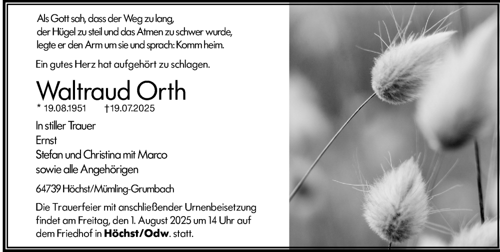  Traueranzeige für Waltraud Orth vom 26.07.2025 aus Odenwälder Echo