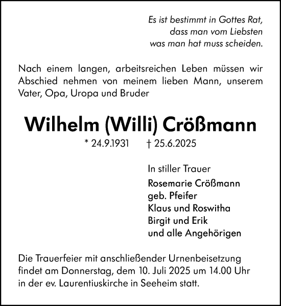 Traueranzeige von Wilhelm Crößmann von Darmstädter Echo