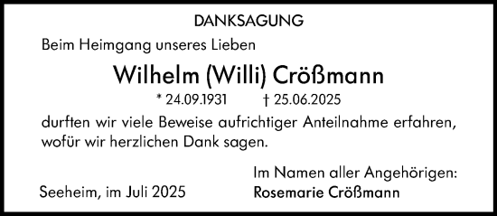 Traueranzeige von Wilhelm Crößmann von Darmstädter Echo