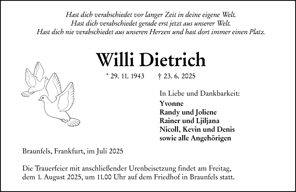  Traueranzeige für Willi Dietrich vom 19.07.2025 aus Wetzlarer Neue Zeitung
