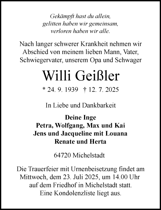 Traueranzeige von Willi Geißler von Odenwälder Echo