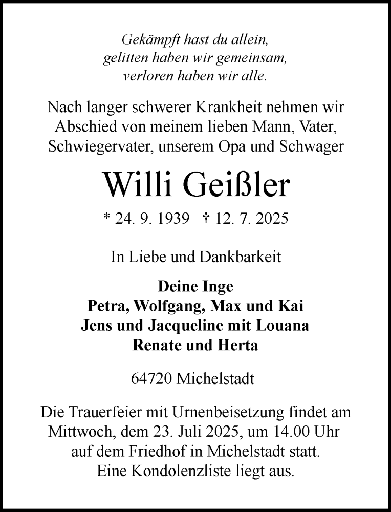  Traueranzeige für Willi Geißler vom 19.07.2025 aus Odenwälder Echo