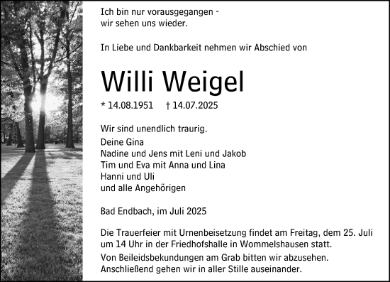 Traueranzeige von Willi Weigel von Hinterländer Anzeiger