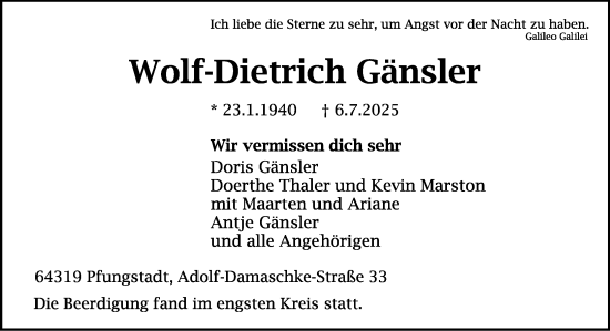 Traueranzeige von Wolf-Dietrich Gänsler von Darmstädter Echo