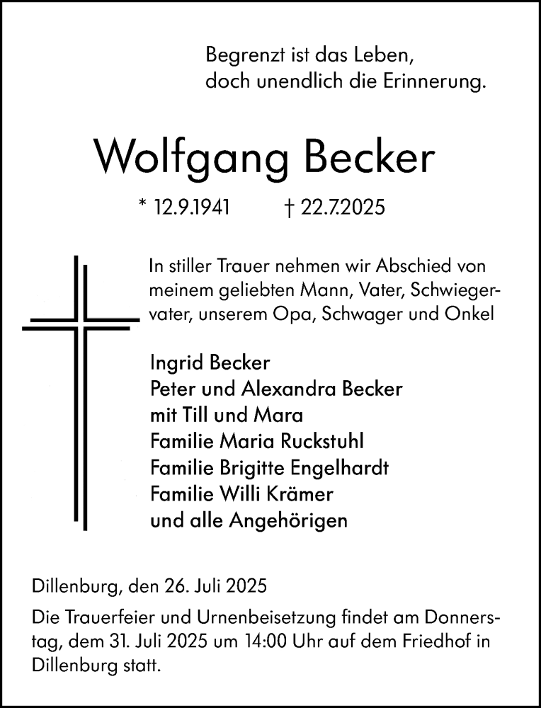  Traueranzeige für Wolfgang Becker vom 26.07.2025 aus Dill Block