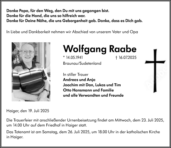 Traueranzeige von Wolfgang Raabe von Dill Block