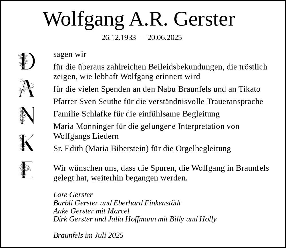  Traueranzeige für Wolfgang A.R. Gerster vom 25.07.2025 aus Wetzlarer Neue Zeitung