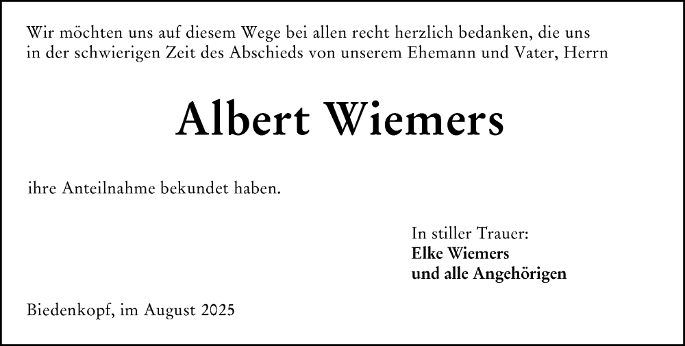  Traueranzeige für Albert Wiemers vom 26.08.2025 aus Hinterländer Anzeiger