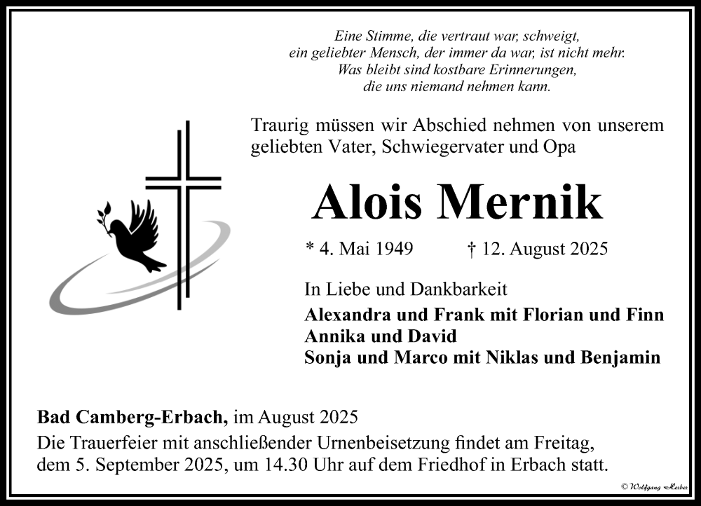  Traueranzeige für Alois Mernik vom 28.08.2025 aus Camberger Anzeiger