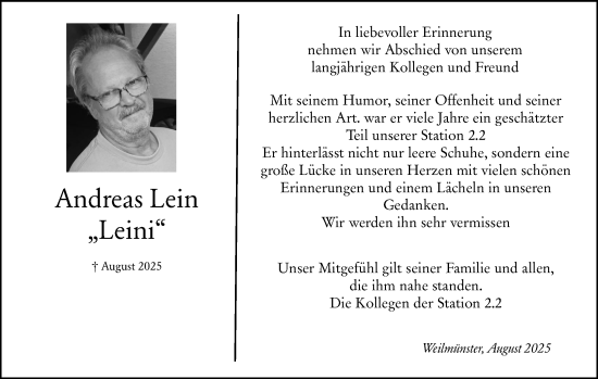Traueranzeige von Andreas Lein von Weilburger Tageblatt