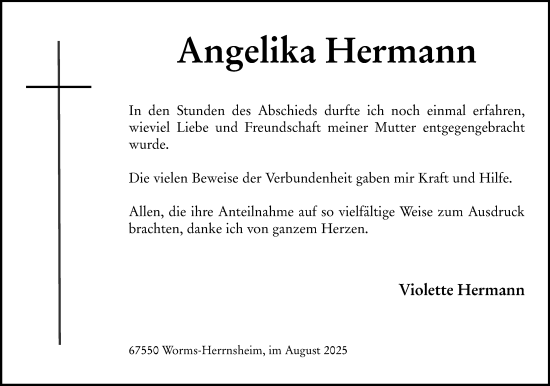 Traueranzeige von Angelika Hermann von Wormser Zeitung
