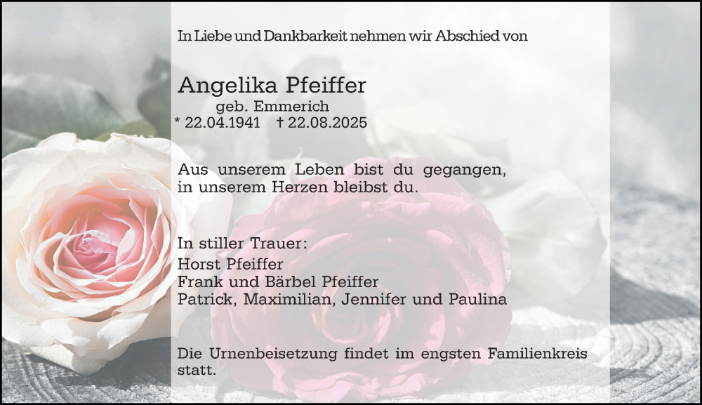  Traueranzeige für Angelika Pfeiffer vom 29.08.2025 aus Hochheimer Zeitung