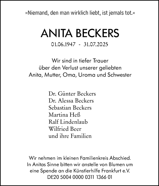 Traueranzeige von Anita Beckers von Odenwälder Echo