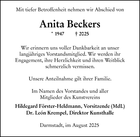 Traueranzeige von Anita Beckers von Darmstädter Echo