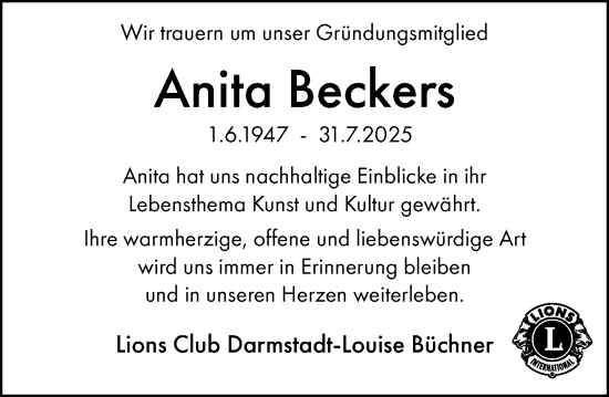 Traueranzeige von Anita Beckers von Darmstädter Echo