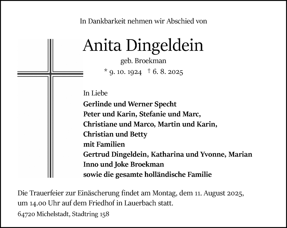  Traueranzeige für Anita Dingeldein vom 09.08.2025 aus Odenwälder Echo