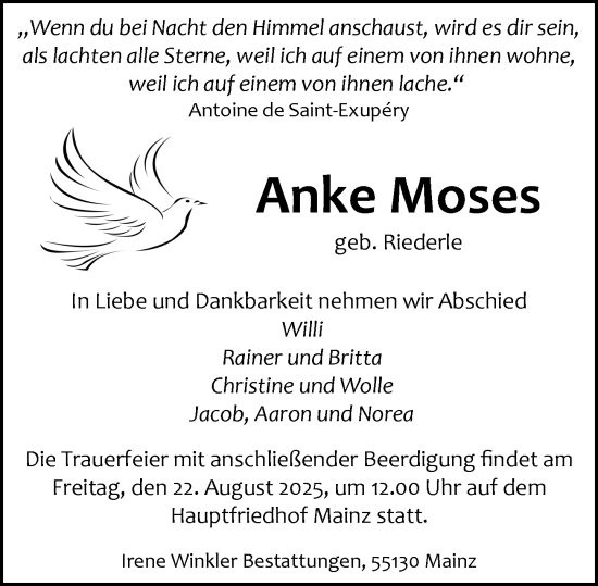 Traueranzeige von Anke Moses von Allgemeine Zeitung Mainz