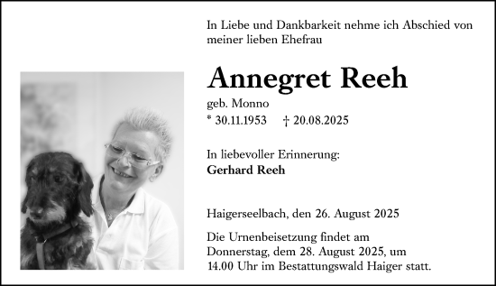 Traueranzeige von Annegret Reeh von Dill Block
