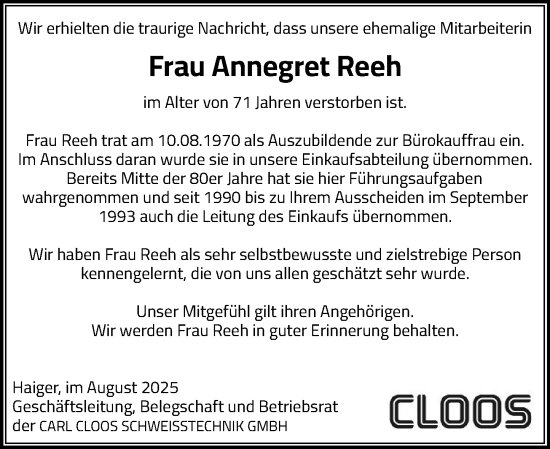 Traueranzeige von Annegret Reeh von Dill Block