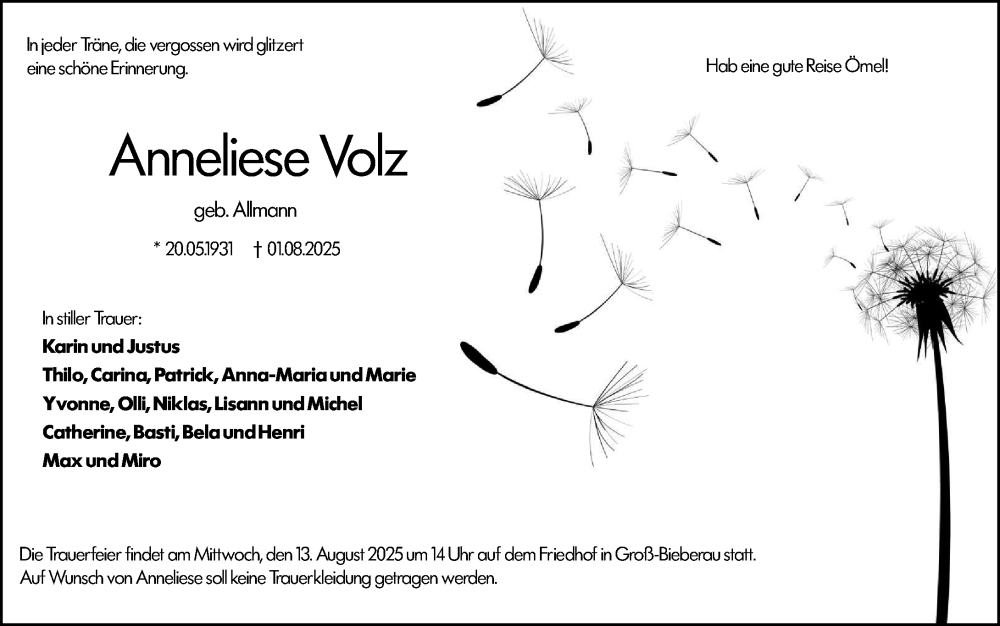  Traueranzeige für Anneliese Volz vom 09.08.2025 aus Darmstädter Echo