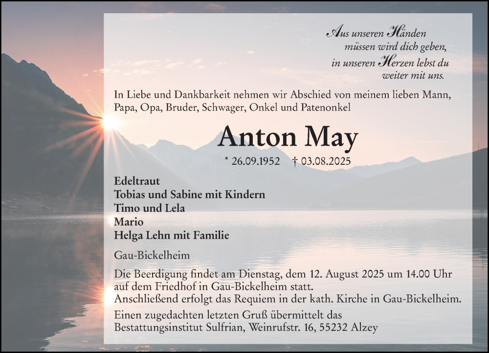  Traueranzeige für Anton May vom 09.08.2025 aus Allgemeine Zeitung Alzey