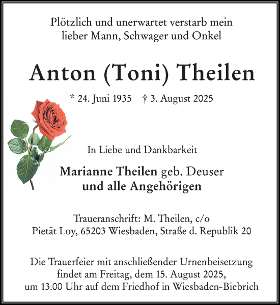 Traueranzeige von Anton Theilen von Wiesbadener Kurier