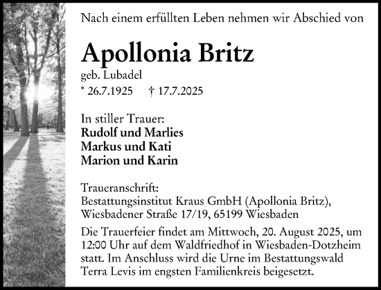Traueranzeige von Apollonia Britz von Wiesbadener Kurier