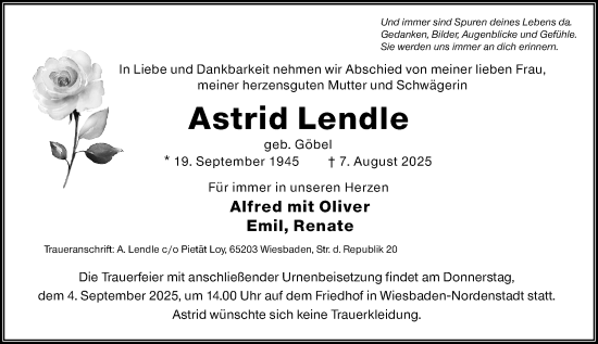 Traueranzeige von Astrid Lendle von Wiesbadener Kurier