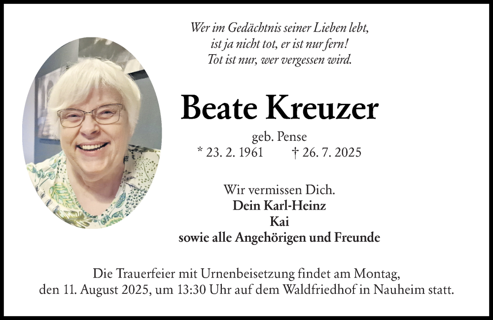  Traueranzeige für Beate Kreuzer vom 02.08.2025 aus Rüsselsheimer Echo