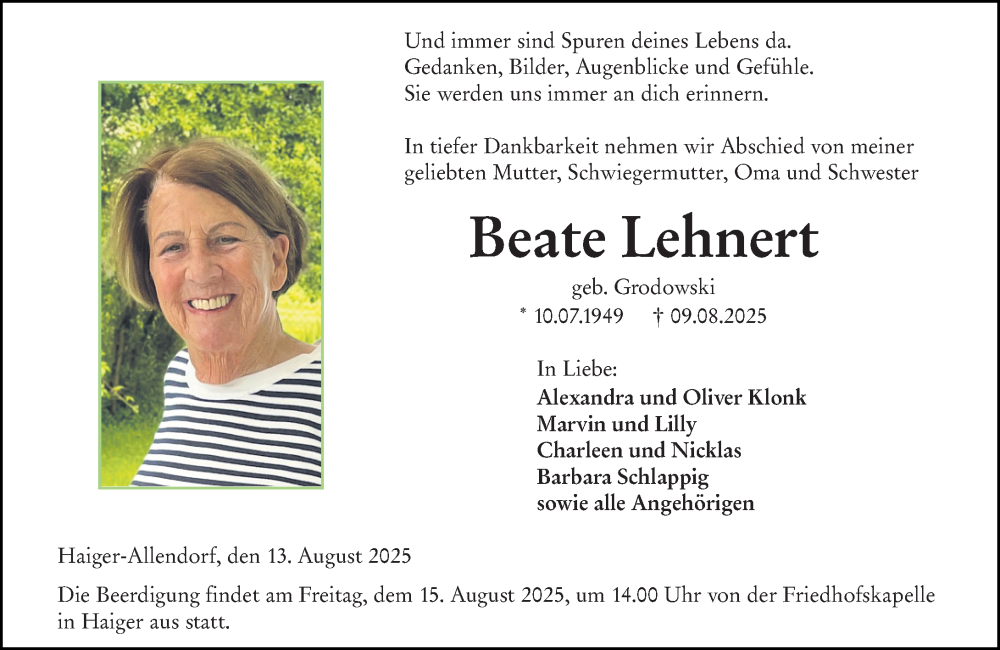  Traueranzeige für Beate Lehnert vom 13.08.2025 aus Dill Block