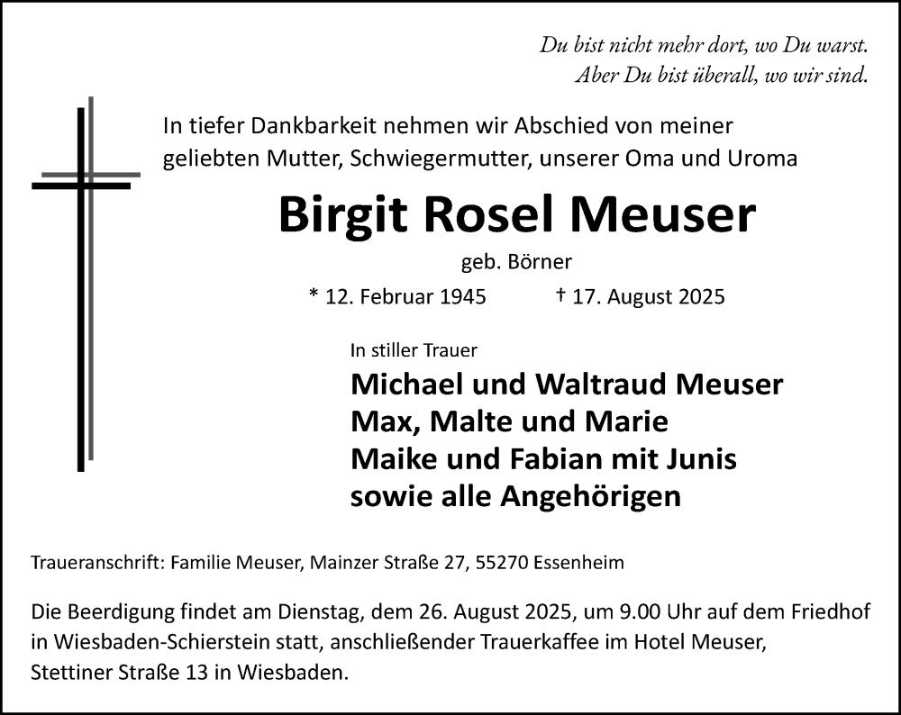  Traueranzeige für Birgit Rosel Meuser vom 23.08.2025 aus Wiesbadener Kurier