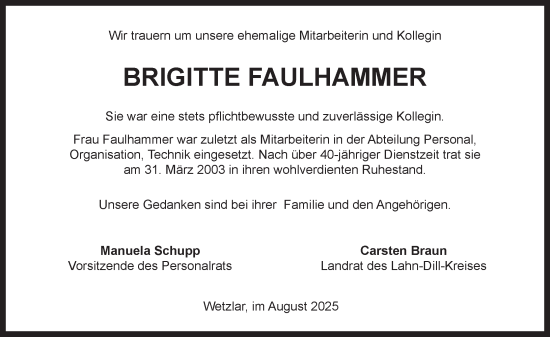 Traueranzeige von Brigitte Faulhammer von Wetzlarer Neue Zeitung