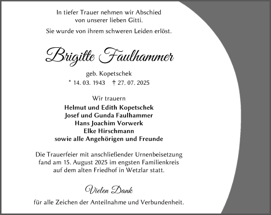 Traueranzeige von Brigitte Faulhammer von Wetzlarer Neue Zeitung