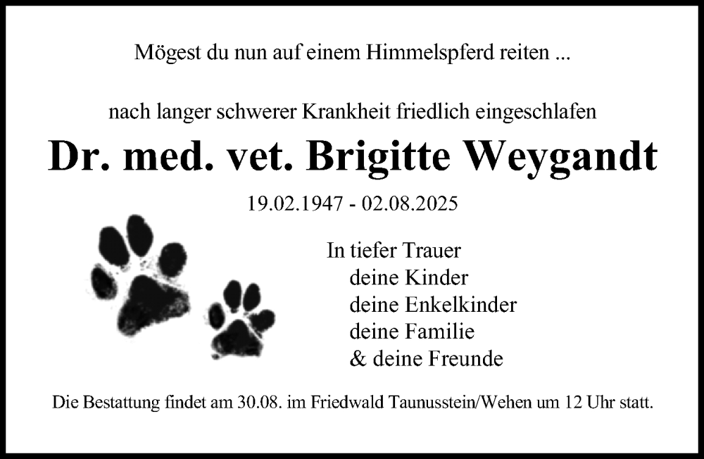  Traueranzeige für Brigitte Weygandt vom 16.08.2025 aus Wiesbadener Kurier