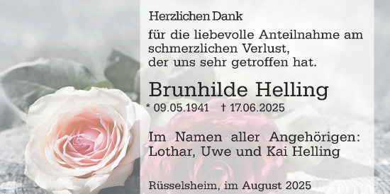 Traueranzeige von Brunhilde Helling von Rüsselsheimer Echo