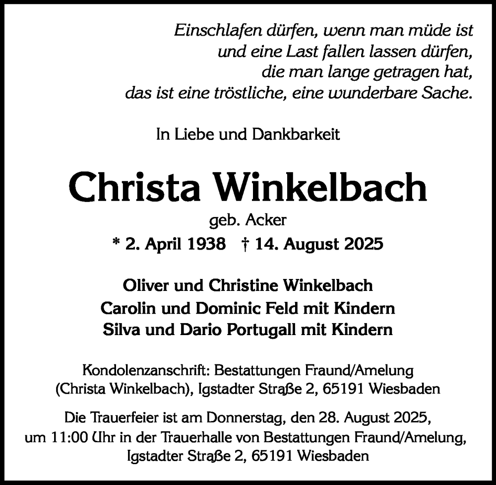  Traueranzeige für Christa Winkelbach vom 23.08.2025 aus Wiesbadener Kurier